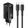 USAMS Ład. siec. MT 2xUSB-C+USB GaN 65WT33 PD + kabel USB-C-Lightning 30W Fast Charging czarny/black MTXLOGTL01
