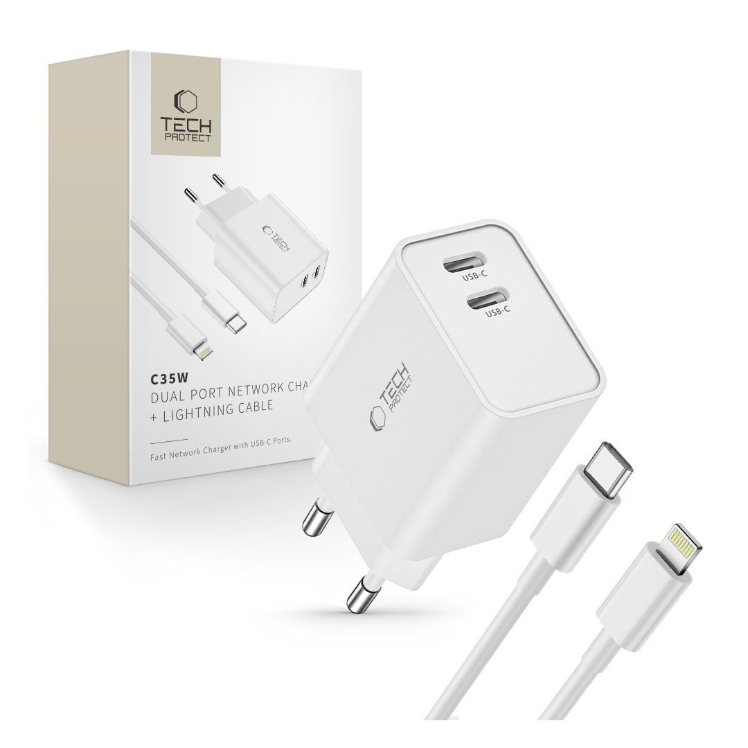 TECH-PROTECT C35W 2-PORT NETWORK CHARGER PD 35W + LIGHTNING CABLE WHITE