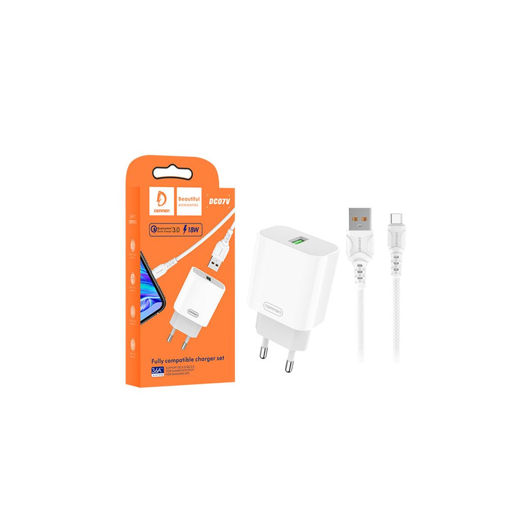 Denmen Ładowarka sieciowa DC07 USB + kabel USB - Typ-C 3.6A 18W 1m Power Delivery PD Biały DC07T