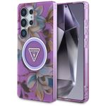 Etui Guess Glitter Flowers Triangle Buttons MagSafe do Samsung Galaxy S25 Ultra fioletowy