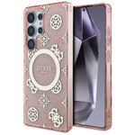 Etui Guess 4G Background Gold Electroplated Peony Pattern MagSafe do Samsung Galaxy S25 Ultra różowy