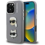 Etui Karl Lagerfeld FW Grained Karl & Choupette Heads Pins do iPhone 16 Pro szary