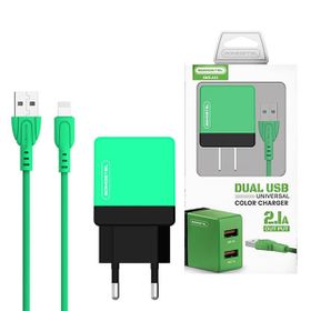ŁADOWARKA SIECIOWA 2A + KABEL IPHONE ZIELONA SOMOSTEL 2100mA 2XUSB DUAL SMS-A53