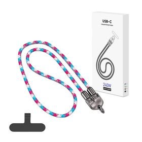 ECOBOX KABEL 240W TYP-C DO TYP-C SMYCZ NA SZYJE TĘCZA RÓŻ/NIEB