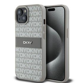 DKNY PU Leather Repeat Pattern Tonal Stripe Case for iPhone 15 Beige