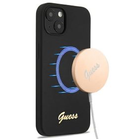 Guess GUHMP13MLSLMGBK iPhone 13 / 14 /6.1" black/czarny hardcase Silicone Script Gold Logo Magsafe