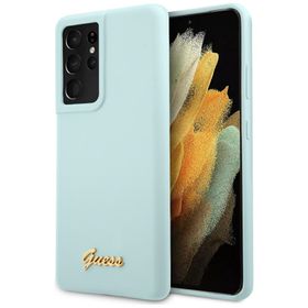 Guess GUHCS21LLSLMGLB S21 Ultra G998 niebieski/blue hardcase Silicone Script Metal Logo