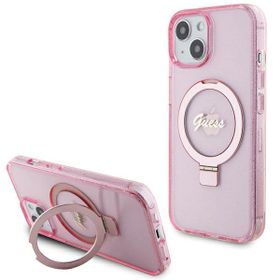 Guess GUHMP15SHRSGSP iPhone 15 / 14 / 13 6.1" różowy/pink hardcase Ring Stand Script Glitter MagSafe