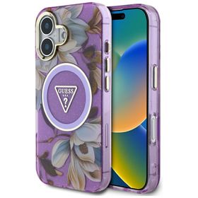 Etui Guess Glitter Flowers Triangle      Buttons MagSafe do iPhone 16 fioletowy