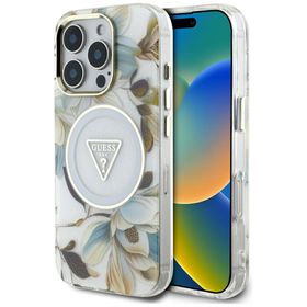 Etui Guess Glitter Flowers Triangle      Buttons MagSafe do iPhone 16 Pro Max biały