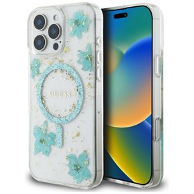 Etui Guess Resin Flowers Glitter MagSafe do iPhone 16 Pro turkusowy