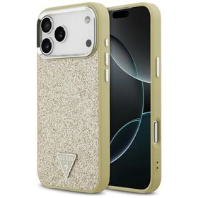 Etui Guess Glitter Triangle Logo MagSafe do iPhone 17 Pro Max złoty