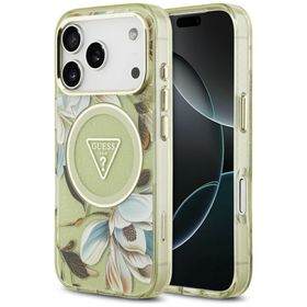 Etui Guess IML Glitter Flowers Triangle  MagSafe do iPhone 17 Pro zielony