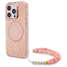 Guess GUHMP16XHCPOFPP iPhone 16 Pro Max  6.9" różowy/pink hardcase IML Flowers Allover Electro With Pearl Strap MagSafe