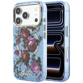 Etui Guess IML Glitter Blossom Roses do iPhone 18 Pro / 17 Pro jasno niebieski