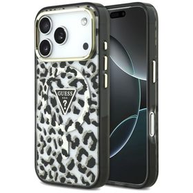 Etui Guess IML Leopard Glitter Triangle Logo MagSafe do iPhone 18 Pro / 17 Pro czarny