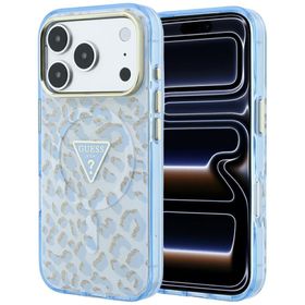 Etui Guess IML Leopard Glitter Triangle Logo MagSafe do iPhone 18 Pro Max / 17 Pro Max niebieski