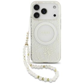 Etui Guess IML Flowers Allover Electroplated with Pearl Strap MagSafe do iPhone 18 Pro / 17 Pro biały