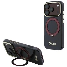 Etui Guess IML Ring Stand 360 Script Metal Logo MagSafe do iPhone 18 Pro / 17 Pro burgundowy