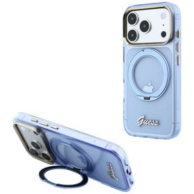 Etui Guess IML Ring Stand 360 Script Metal Logo MagSafe do iPhone 18 Pro / 17 Pro jasnoniebieski