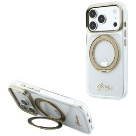 Etui Guess IML Ring Stand 360 Script Metal Logo MagSafe do iPhone 18 Pro / 17 Pro przezroczysty