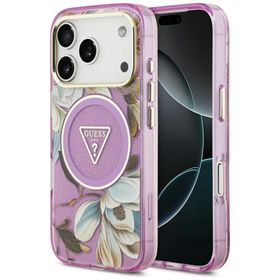 Etui Guess IML Glitter Flowers Triangle MagSafe do iPhone 18 Pro / 17 Pro fioletowy