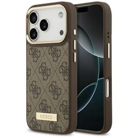 Etui Guess 4G Logo Plate MagSafe do iPhone 17 Pro brązowy
