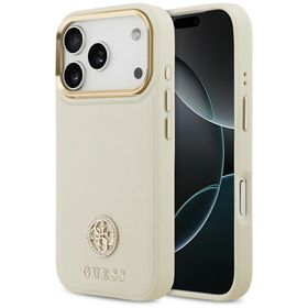 Etui Guess Grained Strass Logo MagSafe   do iPhone 17 Pro beżowy