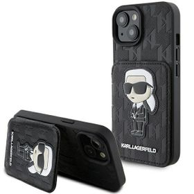 Karl Lagerfeld KLHCP15SSAKKNSCK iPhone 15 / 14 / 13 6.1" czarny/black hardcase Saffiano Cardslots and Stand Monogram Ikonik Patch