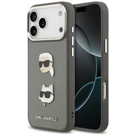 Etui Karl Lagerfeld FW Grained Karl &    Choupette Heads Pins & Logo do iPhone 17 Pro Max szary