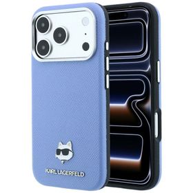 Etui Karl Lagerfeld Grained Choupette Head Metal MagSafe do iPhone 18 Pro / 17 Pro jasnoniebieski