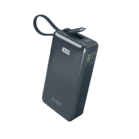 Powerbank SBS 10000 mAh 20W z wbudowanym kablem USB-C i wyświetlaczem cyfrowym - ciemnoszary