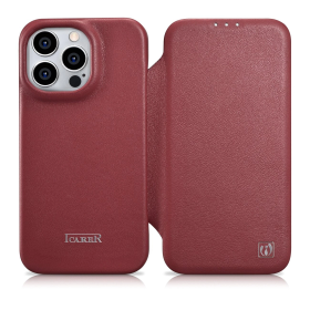 iCarer CE Premium Leather Folio Case skórzane etui iPhone 14 Pro z klapką magnetyczne MagSafe czerwony (WMI14220714-RD)