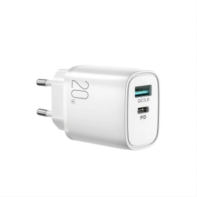 Joyroom szybka ładowarka sieciowa USB-A QC3.0 / USB-C PD 20W biała (L-QP2011)