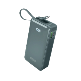 Powerbank SBS 10000 mAh 20W z wbudowanym kablem USB-C i wyświetlaczem cyfrowym - szary