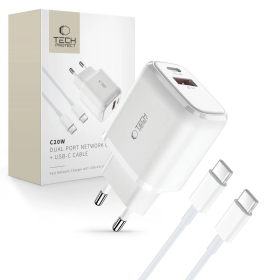 Ładowarka Tech-Protect C20W sieciowa USB-C PD 20W / USB-A QC 3.0 z kablem USB-C / USB-C - biała