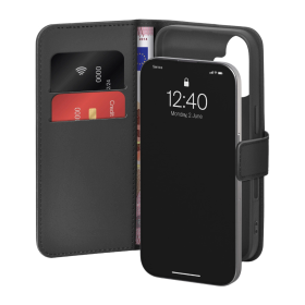 Etui Puro Wallet Stand na iPhone 17 z ekoskóry, z klapką, portfelem i funkcją podstawki - czarne