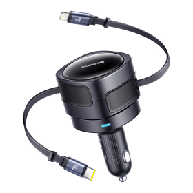 Ładowarka samochodowa Baseus Enjoyment Max 60W ze zwijanymi kablami USB-C i Lightning - czarna