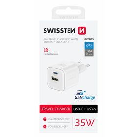 SWISSTEN Ładowarka Sieciowa Adapter GaN USB 27W QC + USB-C 35W PD biała
