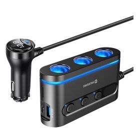 SWISSTEN Ładowarka Samochodowa + 3x gniazdo zapalniczki + 2 x USB-C PD 30W + USB 3.0 kabel 1m 108W - 216W czarna