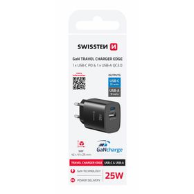 SWISSTEN Ładowarka Sieciowa Adapter GaN USB-C 25W PD + USB-A 18W czarna