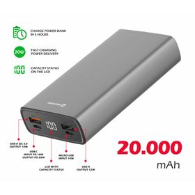 SWISSTEN Aluminum Power Bank 20 000 mAh 20W PD szary