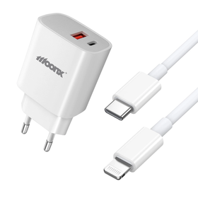 MOONX ładowarka sieciowa MC04 PD 20W 1xUSB-C + 1xUSB QC3.0 + kabel USB-C - Lightning Biały