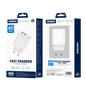 JELLICO ładowarka sieciowa - EU19 GaN PD 40W 2x USB-C + kabel USB-C / Lightning zestaw biały