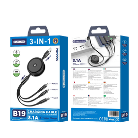 JELLICO kabel - B19 USB / USB-C + Lightning + microUSB 3,1A zwijany 1,2m czarny