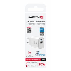 SWISSTEN Ładowarka Sieciowa Adapter GaN USB-C 20W PD + USB-A 18W biała