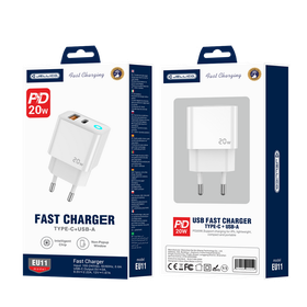 JELLICO ładowarka sieciowa - EU11 PD 20W 1x USB-C + 1x USB QC3.0 + kabel USB-C / Lightning zestaw biały