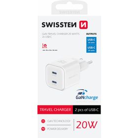 SWISSTEN Ładowarka Sieciowa Adapter GaN 2x USB-C 20W PD biała