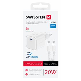 SWISSTEN Ładowarka Sieciowa Adapter GaN USB-C 20W PD + kabel USB-C / USB-C zestaw biały