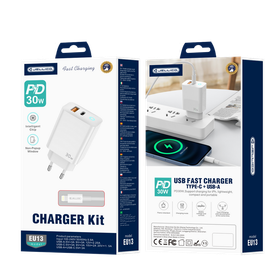 JELLICO ładowarka sieciowa - EU13 GaN PD 30W 1x USB-C + 1x USB QC3.0 + kabel USB-C / Lightning zestaw biały